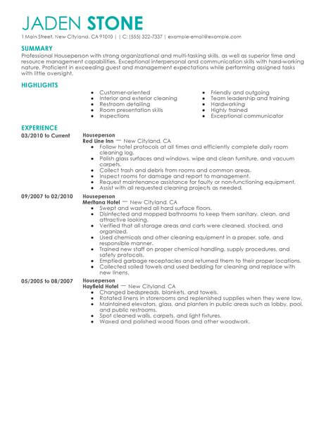 example resume for cleaning position