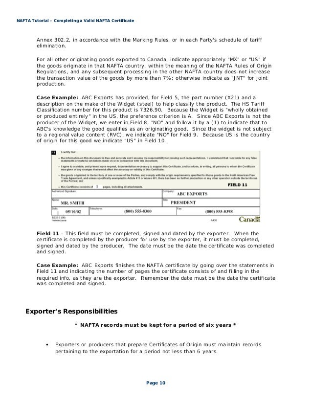 nafta certificate of origin example