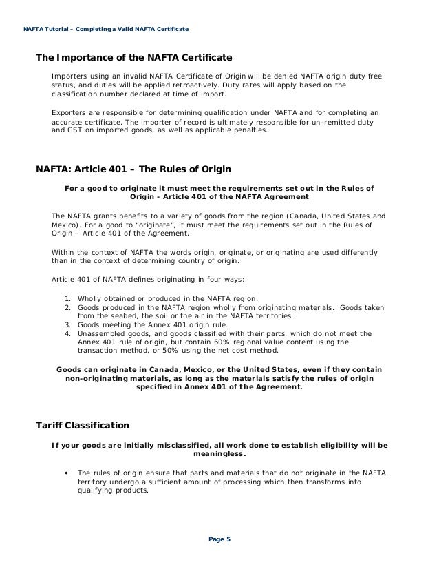 nafta certificate of origin example